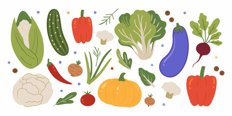 A vibrant collection of fresh vegetables and herbs arranged in a playful pattern on a white background