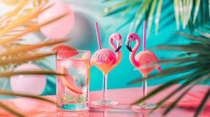 Tropical cocktails with flamingo straws on colorful background