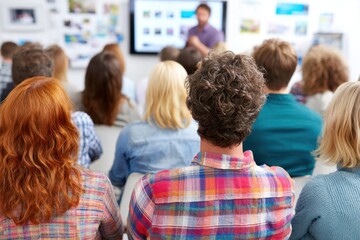 Audience watching a presentation in a professional setting from behind