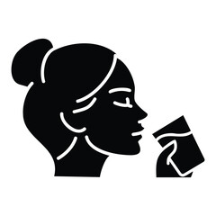 Woman drinking a glass of water icon. Simple glyph style. Drink, mouth, face, person, girl, people, hand, skin, thirst, perfect, thirsty concept. Silhouette, solid symbol. Isolated design.
