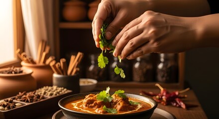 Close-up of hands adding cilantro to a bowl of chicken curry.