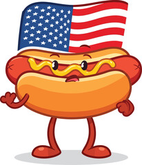 Patriotic American hot dog cartoon character waving while wearing a USA flag hat