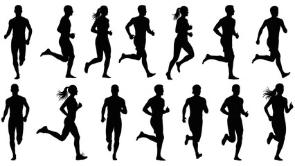 Running Man and Woman Silhouettes – Vector Set of Male and Female Runners
