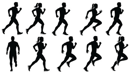 Running Man and Woman Silhouettes – Vector Set of Male and Female Runners