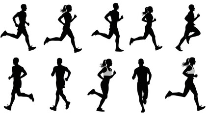 Running Man and Woman Silhouettes – Vector Set of Male and Female Runners
