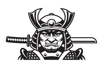 Samurai Warrior Face with Sword in Monochrome and White Background