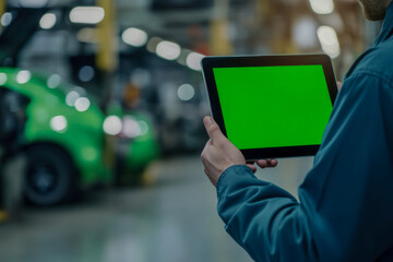 Professional holding tablet with green screen display in a modern industrial factory setting. Worker using digital technology for manufacturing operations and data management.