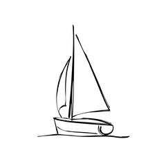Boat Hand Drawn Charcoal Sketch Line Drawing. Vintage Yacht Minimal Simple Linear Drawing. Sail Hand Drawn Sketch Linear Illustration. Sea Boat Contour Drawing. Vector EPS 10.