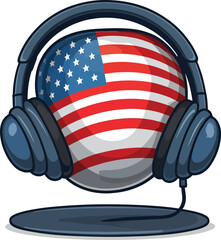 American flag sphere wearing headphones, symbolizing audio or broadcast related to the USA