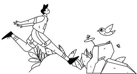 Illustration woman jumping rocks bird nature adventure travel outdoor freedom happiness wellness lifestyle 100 vector art illustration and png sticker