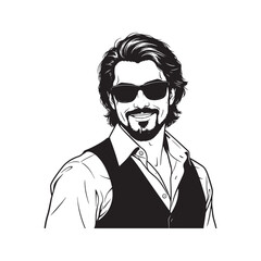 Stylish man with long hair, beard, and sunglasses. Black and white vector line art portrait. Cool and confident male character illustration.

