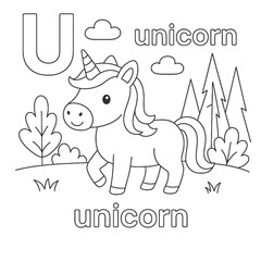 Coloring page of a cartoon unicorn with letter u and trees and clouds in black and white