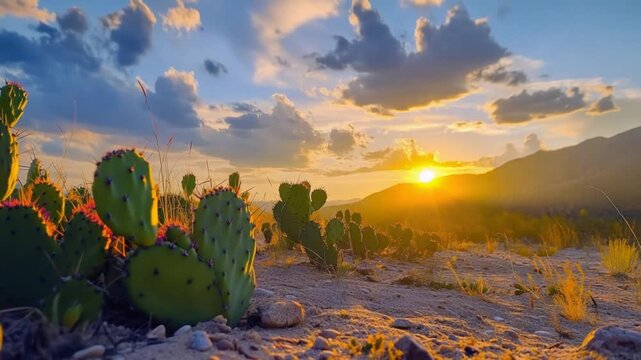 Desert sunset with prickly pear