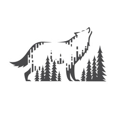 Silhouette Howling Wolf Design Featuring Evergreen Trees 