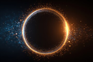 abstract glowing ring with blue and orange sparks on dark background, radiant energy circle with dispersing particles