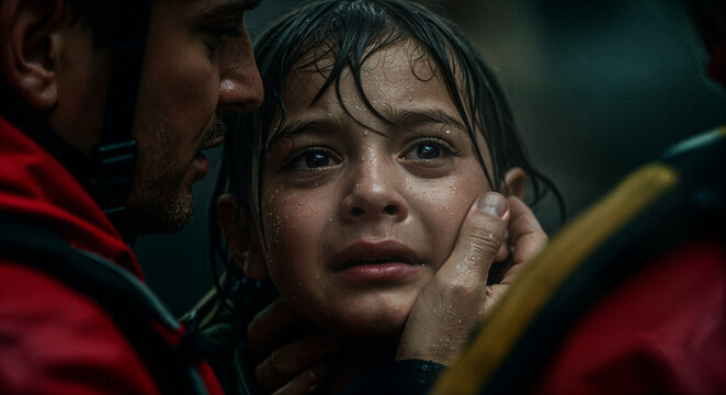 Young girl being rescued by first responders during a storm  