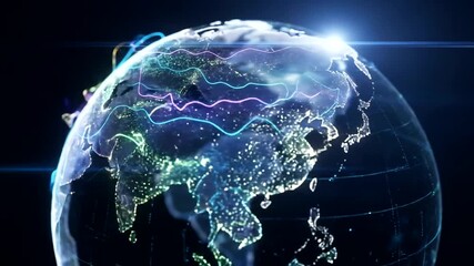 A vibrant digital globe showcasing illuminated cityscapes and data connections at night - Powered by Adobe
