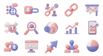 A vibrant collection of 3D SEO icons representing digital marketing, web optimization, and data analytics concepts
