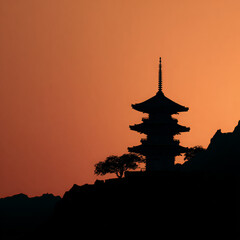 Fototapeta premium Silhouette of a traditional pagoda against a vibrant sunset, surrounded by distant mountains, creating a serene atmosphere ideal for travel and cultural exploration themes