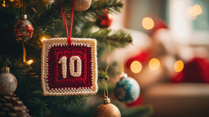 A crocheted Christmas-themed advent calendar with the word "10" hanging on a decorated Christmas tree,