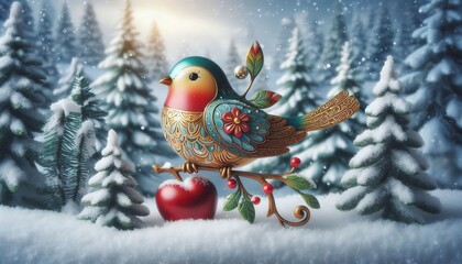 Decorative bird with bright patterns sitting on a branch with red heart and berries among snowy fir trees in a winter forest