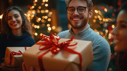 Office boss giving Christmas gifts to smiling employees, decorated office with lights and garlands, cheerful corporate atmosphere,
