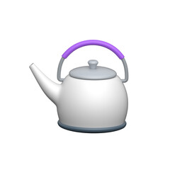 A 3D rendering of a modern white tea kettle with a purple handle.