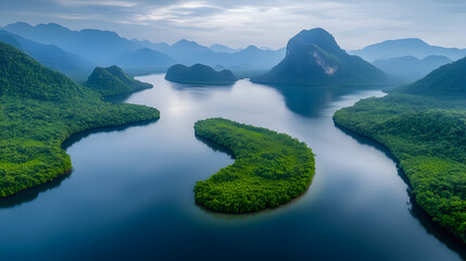 aerial view mangrove forest and mountain peak of Phang nga bay, Thailand
