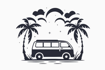 Silhouette Retro Van with Palm Trees and Stars Design