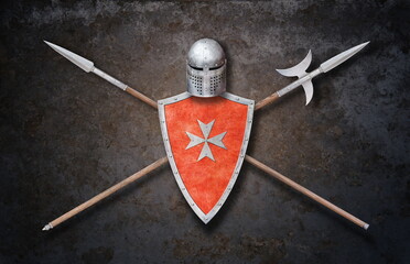 helmet red shield with a cross spear and halberd on grunge background