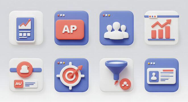 Modern 3D icon collection representing concepts of business management, sales funnel, user data analytics, and market strategy