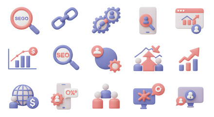 Comprehensive set of 3D rendered icons for digital marketing, search engine optimization, business analytics, and audience growth strategy concepts