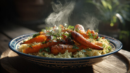 Warm couscous with roasted carrots and fresh herbs on a patterned plate, gentle steam in soft daylight