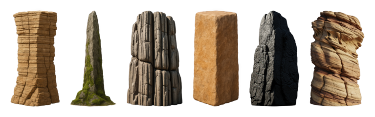 Stone pillars set including varied geological forms, textures, and colors isolated. Natural elements for architectural, game, or design projects.