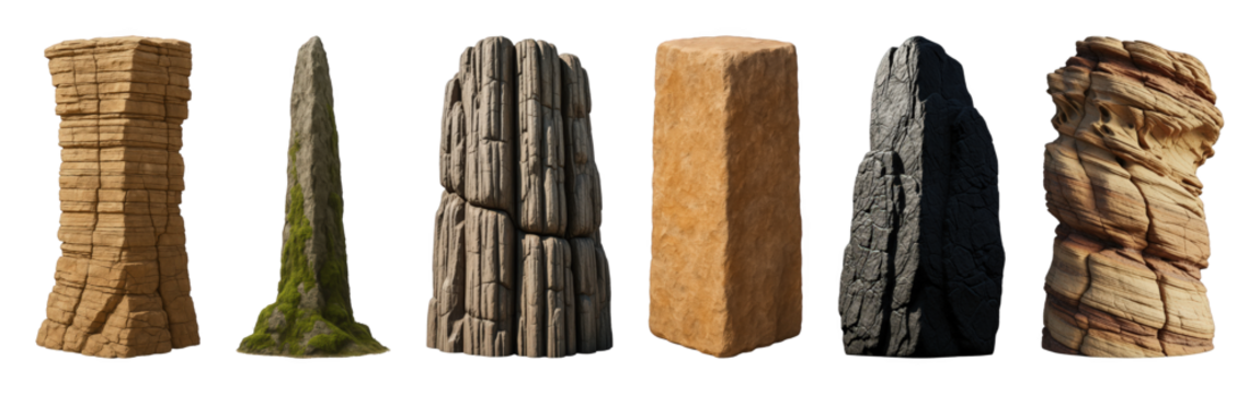 Stone pillars set including varied geological forms, textures, and colors isolated. Natural elements for architectural, game, or design projects.
