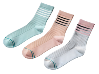 Pastel colored ribbed crew socks with stripes isolated on a transparent background image