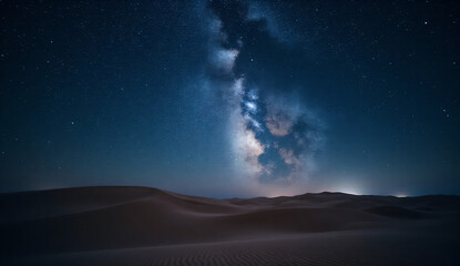 Starry night sky above desert sand dunes