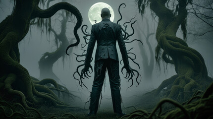 Monstrous figure with tentacles in a smoky, dark, and ominous environment