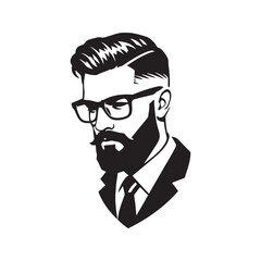 Stylized portrait of a bearded man with glasses. Hipster face vector icon for a modern logo or avatar. Professional male silhouette illustration.
