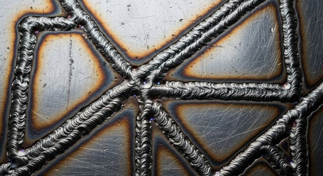 Metal welding pattern with visible seams on a metal surface