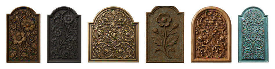 Ornate carved floral panel set including bronze, antique gold, wood, aged metal, and teal finishes isolated. Architectural and interior design elements.
