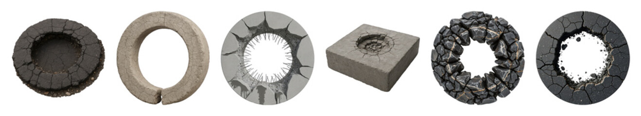 Obraz premium Destruction element set including cracked asphalt, concrete, and rock textures isolated. Graphic design components and visual effects.