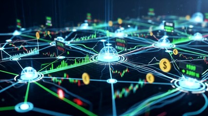 Abstract digital network visualization with financial data and market trends in a futuristic setting - Powered by Adobe
