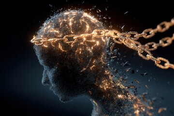 digital silhouette of a head made of glowing particles wrapped in breaking chains symbolizing breakthrough in thinking mental liberation and power of consciousness