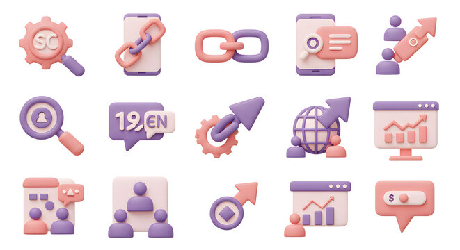 Set of minimalist 3D icons for business and technology, illustrating concepts like SEO, data analytics, global growth, and digital communication