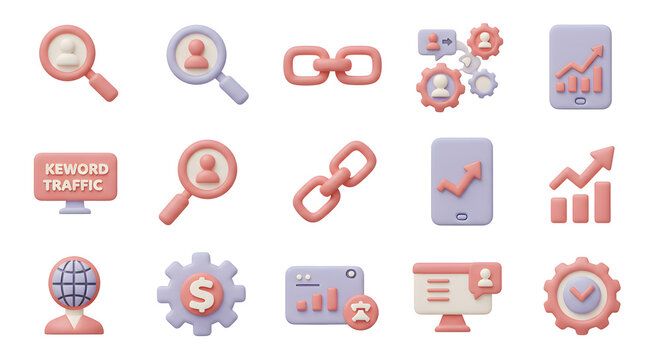 Collection of minimalist 3D icons representing Search Engine Optimization concepts like backlinks, user search, and data analysis