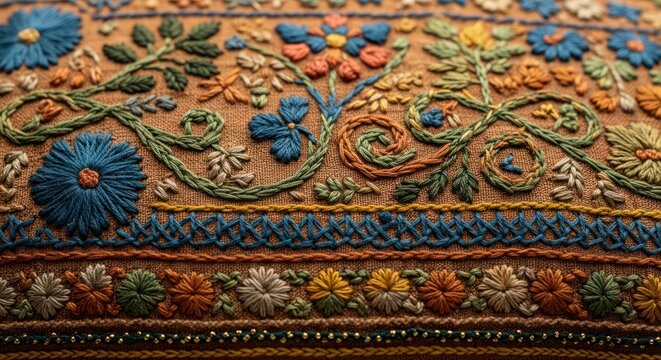 Close-up of decorative needlework with floral and geometric patterns