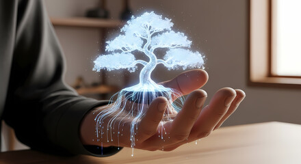 A human hand gently cradles a vibrant, digitally rendered glowing bonsai tree, symbolizing the fusion of nature and advanced technology in a sustainable future.