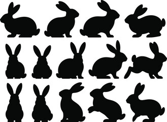 Collection of black rabbit silhouettes in various poses