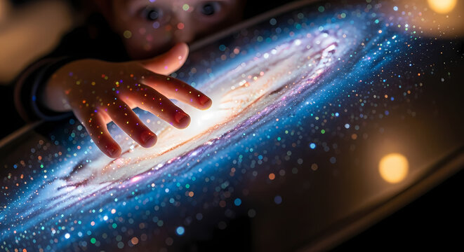 A curious child's hand gently reaches out to explore a mesmerizing, illuminated spiral galaxy projection, sparking a sense of wonder and cosmic discovery in the dark.